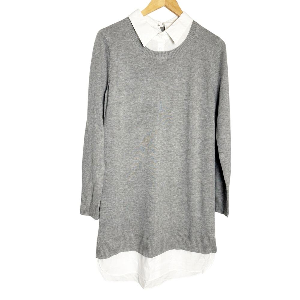English Factory Gray White Collar Mix Media Trim Combo Sweater Mini Dress Small